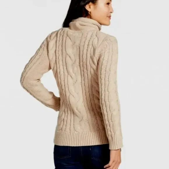 L.L. Bean Double-L Cream Fisherman Mixed Cable Knit Funnel Neck Sweater, Medium - Picture 3 of 9